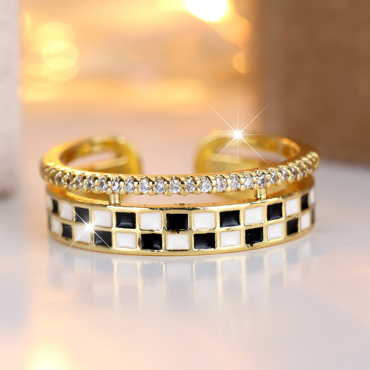 Personality Golden Squares Micro Inlaid Zircon Dual Layer Open-end Ring