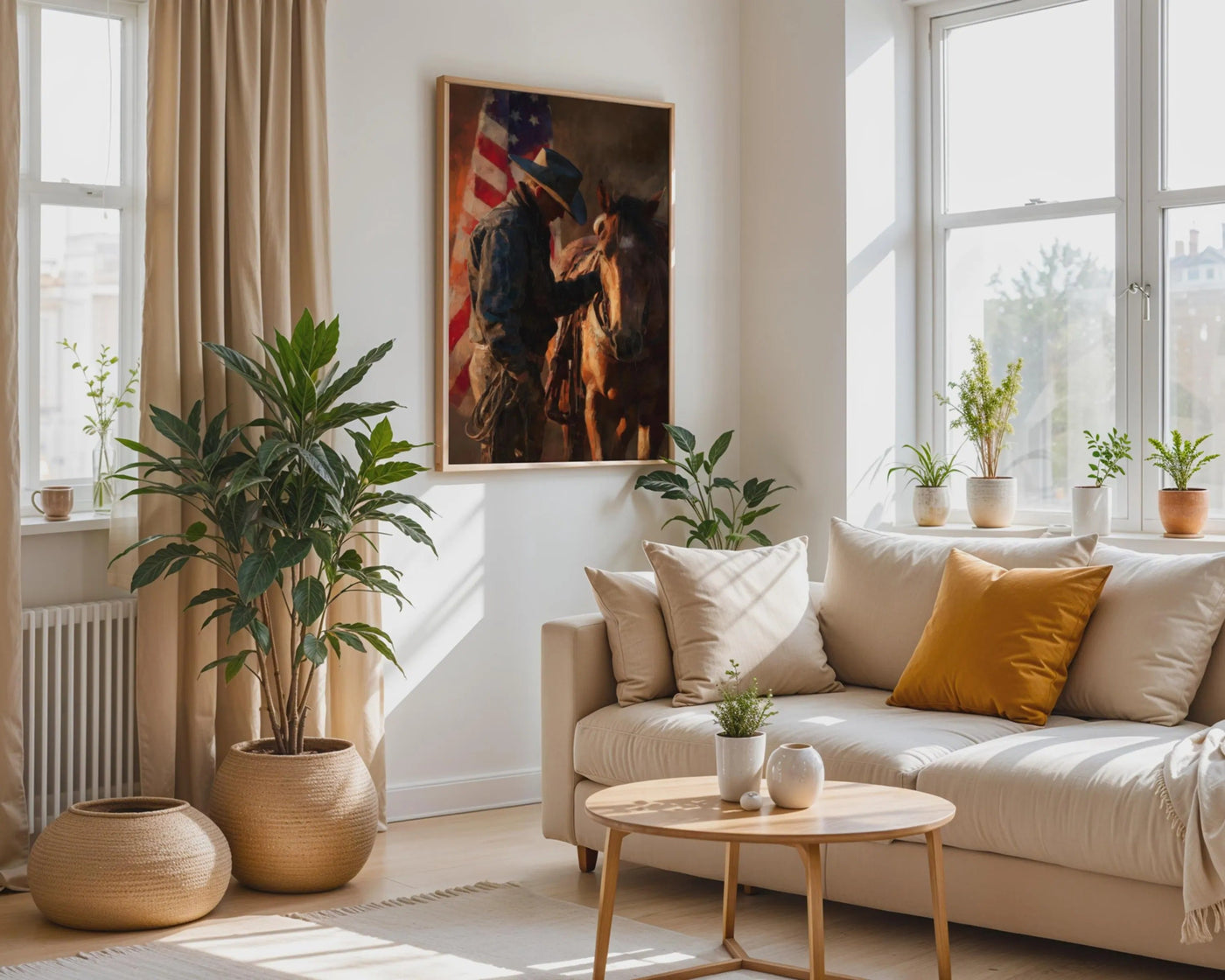 Cowboy Horse American Flag Print, Rustic Western Wall Art