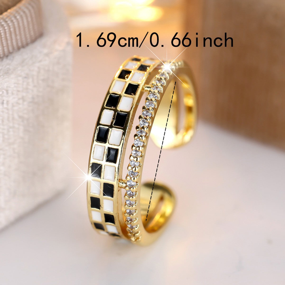 Personality Golden Squares Micro Inlaid Zircon Dual Layer Open-end Ring