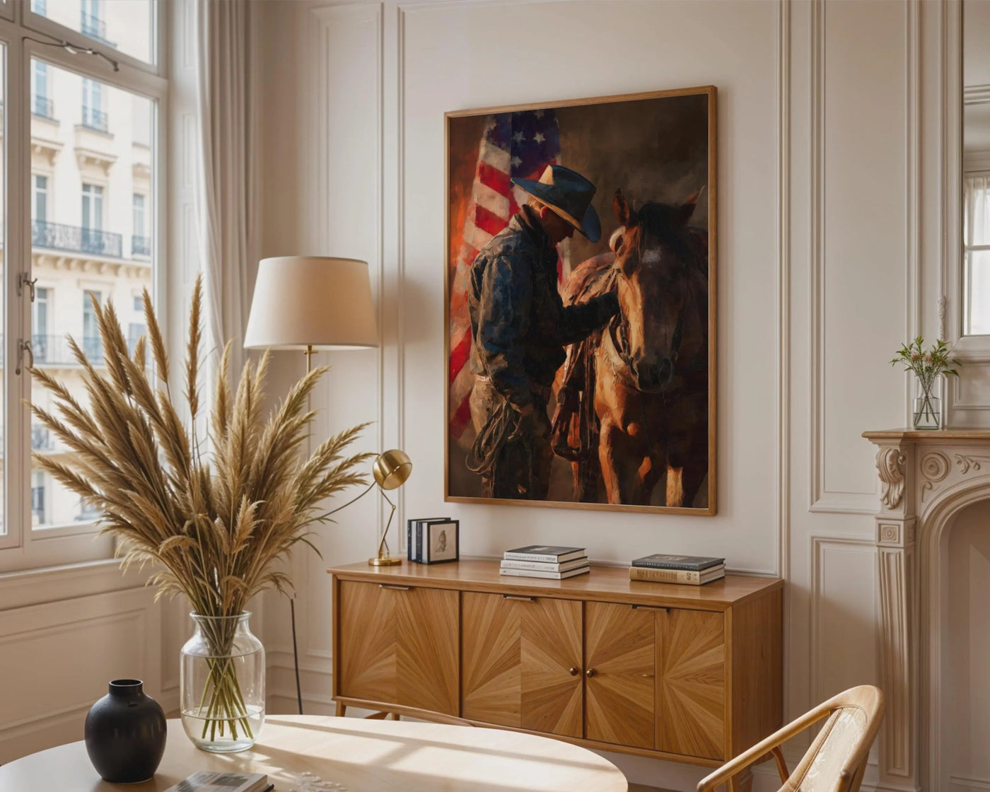 Cowboy Horse American Flag Print, Rustic Western Wall Art