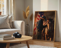 Cowboy Horse American Flag Print, Rustic Western Wall Art