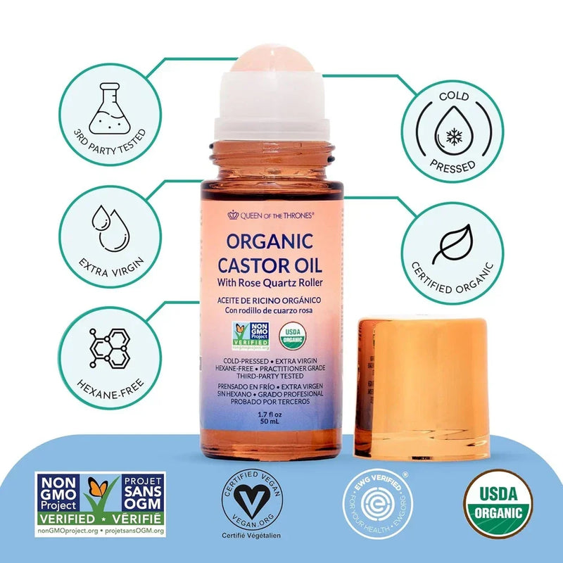 Queen of the Thrones Organic Golden Castor Oil Roll-On with Rose Quartz – 100% Pure | USDA Certified | 50ml